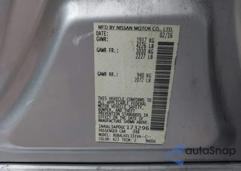 2016 Nissan Altima 2.5 Sr z USA, uszkodzony, nr VIN 1N4AL3AP0GC173296